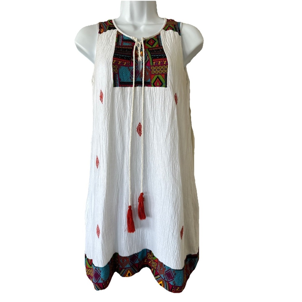 THML XS Women's Santa Fe Sleeveless Lined Mini Dress Cotton & Linen Embroidered